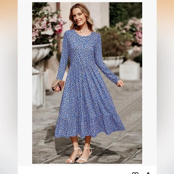 Women's Blue Floral Long Sleeve Dress, Size-Large - Picture 3 of 7